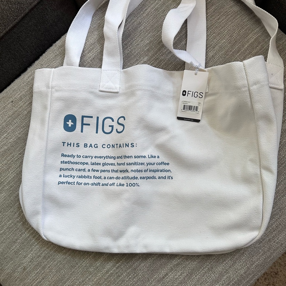 FIGS White Tote Bag with Blue Text